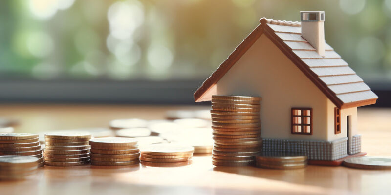 Toy house with coins representing down payment